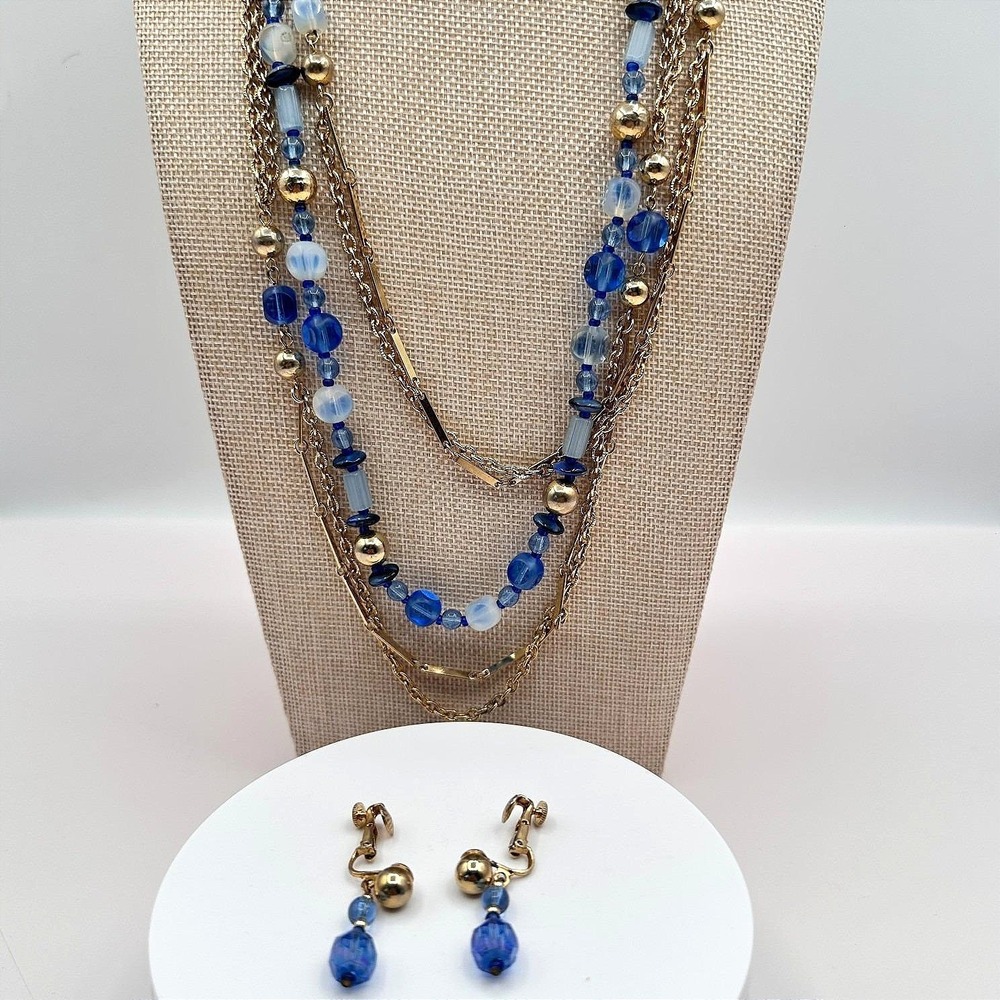 Vintage 90s Beaded Multi-Strand Gold Tone Necklace & Dangle Earrings Set Jewelry